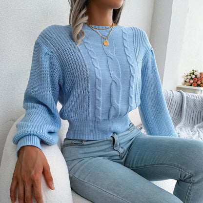 Khaki women's classic cable knit sweater. Cozy & stylish long sleeve top for comfortable fall and winter outfits.