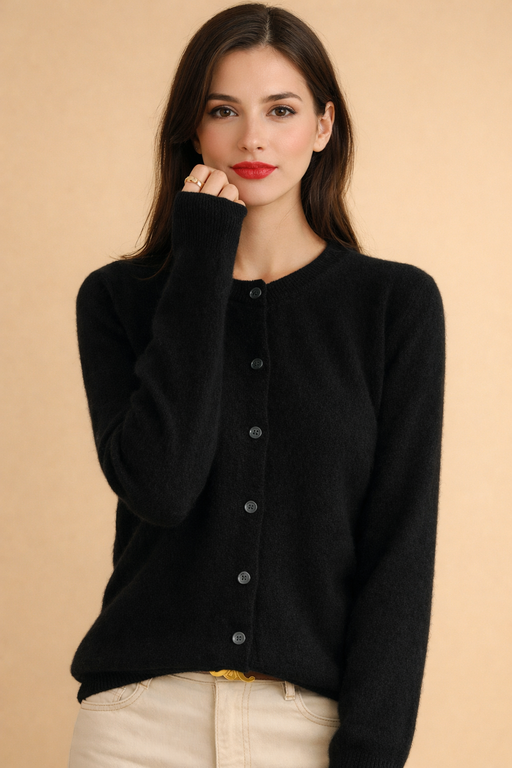 Women's classic knit cardigan, round neck, button front for everyday style. Perfect for versatile layering.