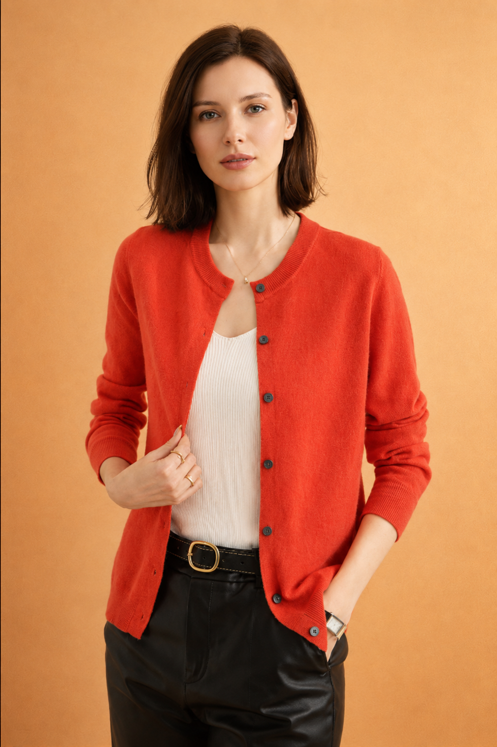 Classic women's knit cardigan, button-front, a versatile layering piece for stylish everyday outfits & comfort.