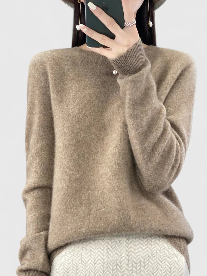 Comfortable women's round neck sweater, long sleeve, soft knit fabric, daily essential.