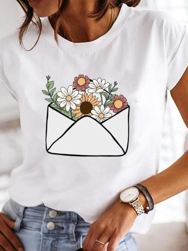 Model wearing a comfortable women's classic short sleeve t-shirt. Shows versatile everyday style and relaxed fit.