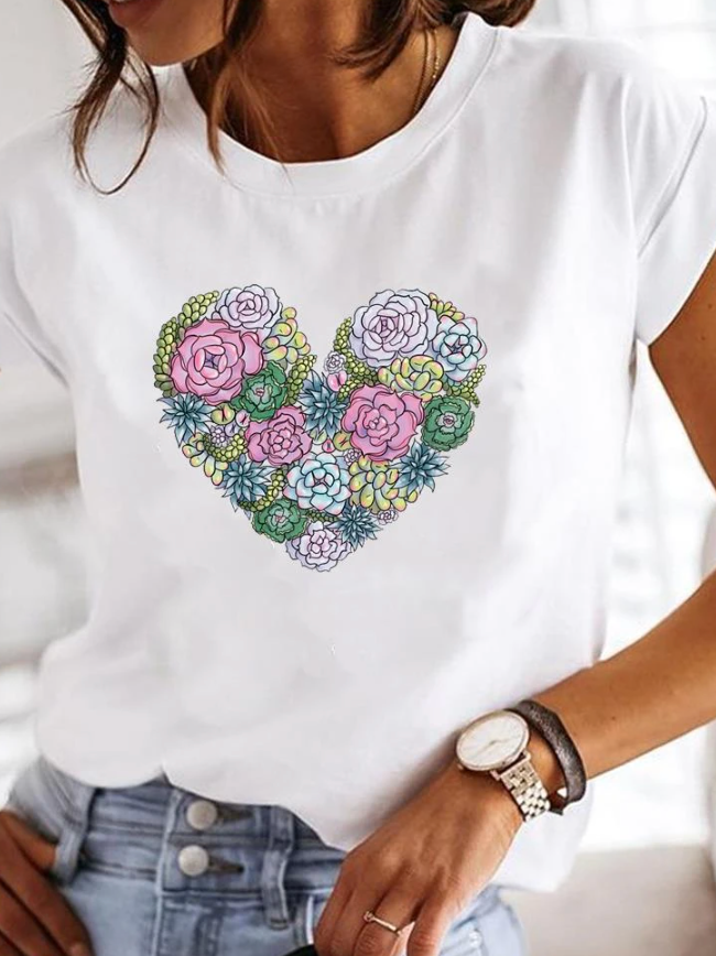 Close-up of a women's short sleeve t-shirt. Soft, breathable fabric for a comfortable, versatile everyday tee.