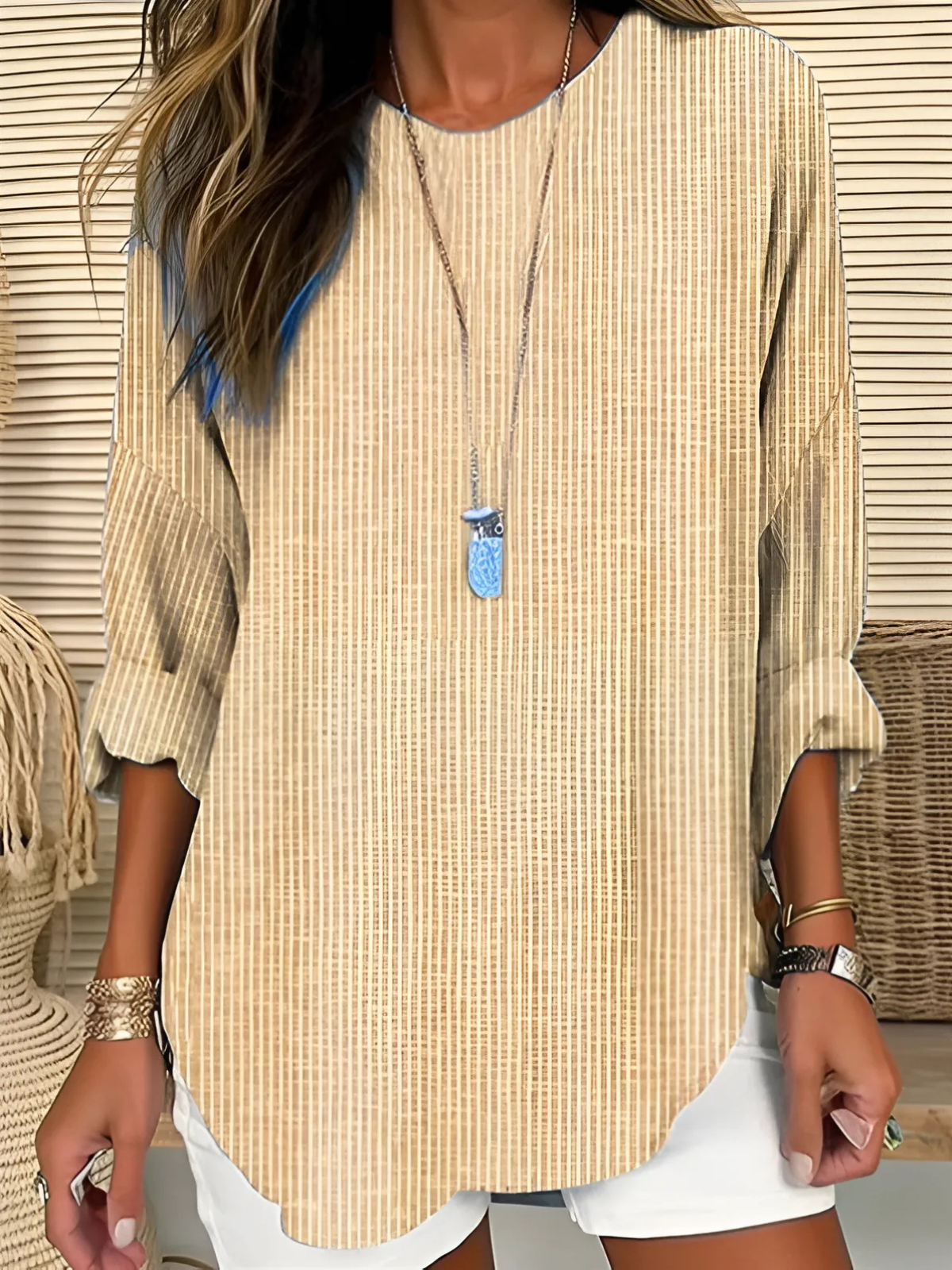 Effortless women's striped blouse in khaki, long sleeves with roll-up tabs. Perfect for versatile everyday casual fashion.