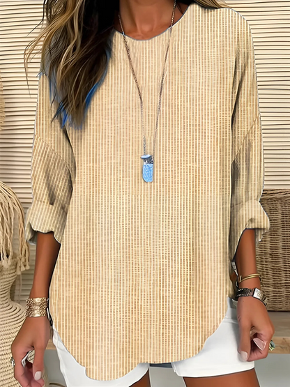 Effortless women's striped blouse in khaki, long sleeves with roll-up tabs. Perfect for versatile everyday casual fashion.