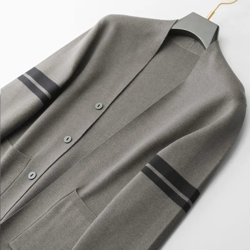 Comfortable women's long sleeve striped cardigan with a timeless design. Perfect cozy layering for versatile everyday outfits.