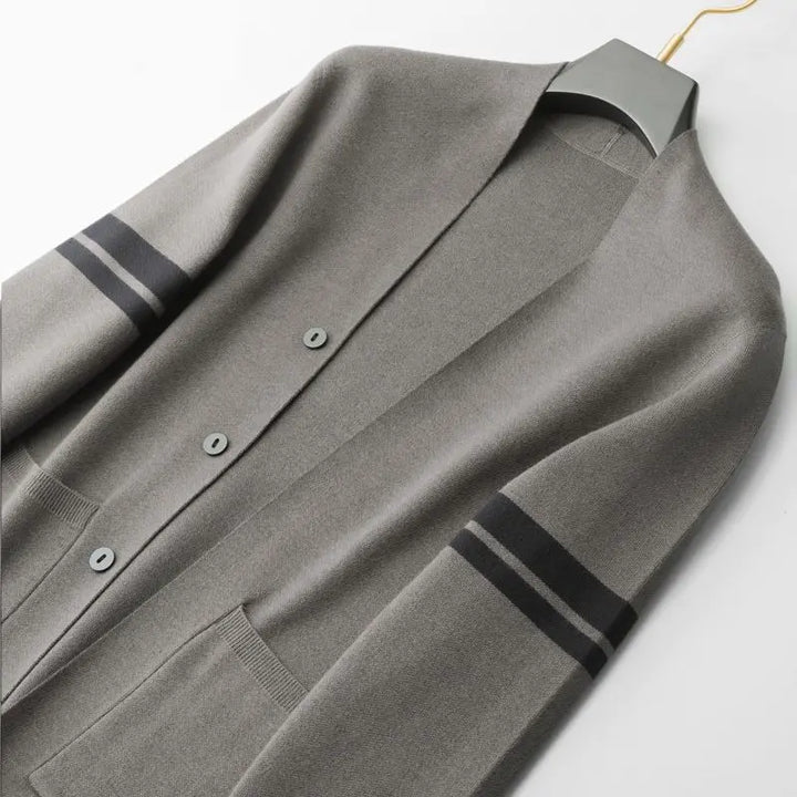 Comfortable women's long sleeve striped cardigan with a timeless design. Perfect cozy layering for versatile everyday outfits.