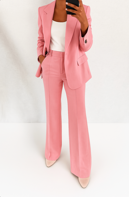 Matching Tailored Pants: Close-up of the elegant pants, showing the fabric and fit for a complete suit.