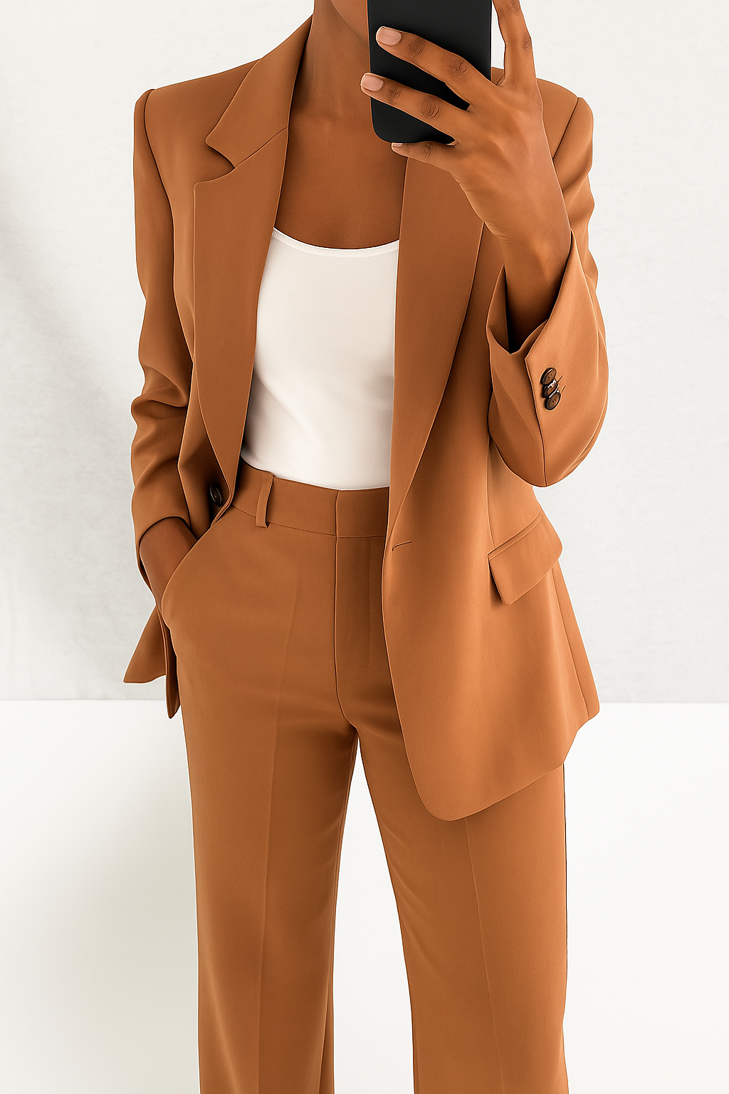 Professional Women's Two-Piece Outfit: Sharp blazer and pants for a polished, elegant office look.