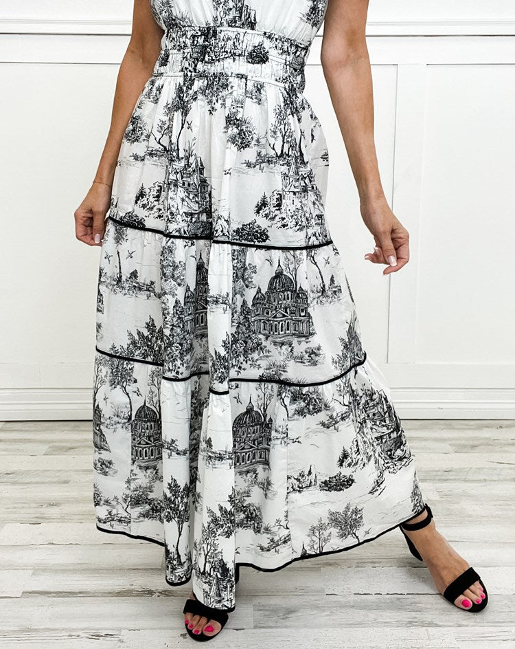 Detailed view of the neckline & bodice on a Women's Classic Toile Maxi Dress, highlighting its elegant design.