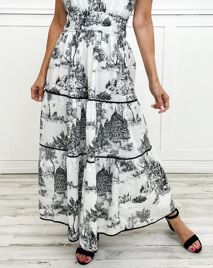 Detailed view of the neckline & bodice on a Women's Classic Toile Maxi Dress, highlighting its elegant design.