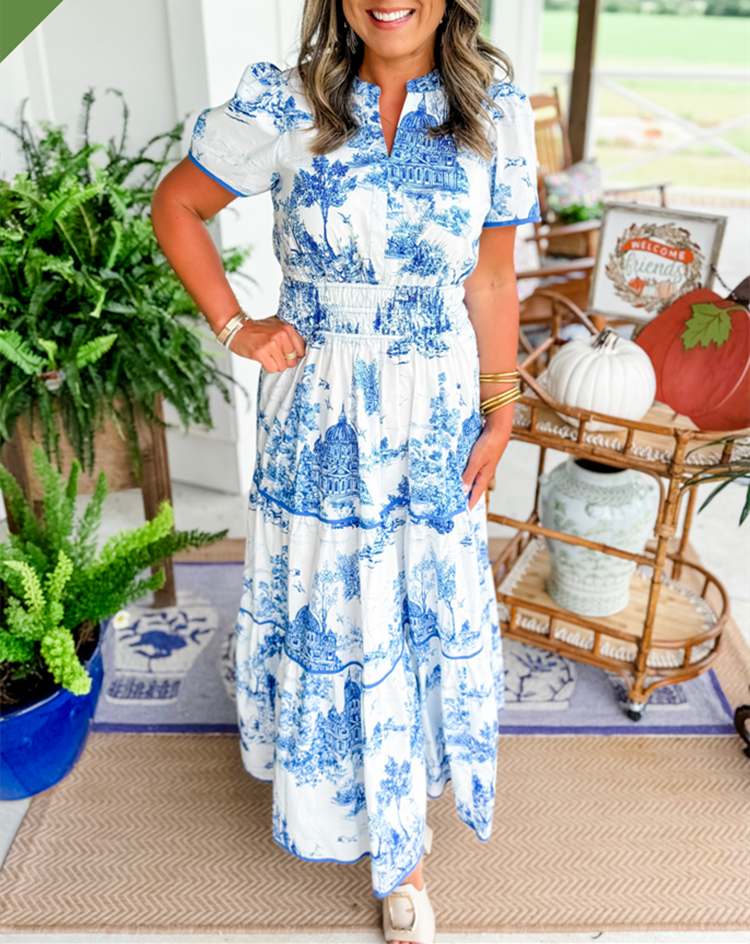 Flowing Women's Toile Maxi Dress, a long and elegant spring/summer style for party or casual chic occasions.