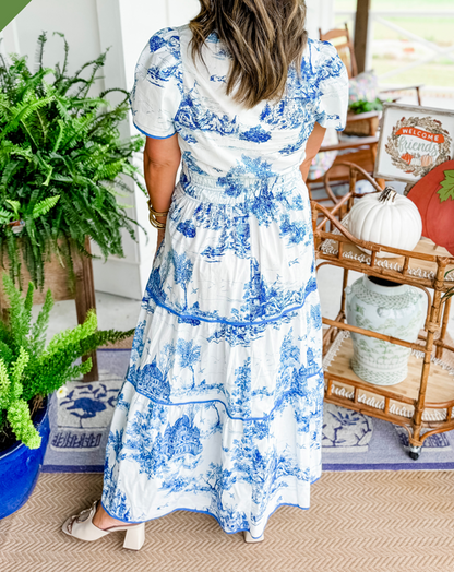 Women's Toile Maxi Dress styled for spring fashion, an elegant and comfortable long dress with classic print.