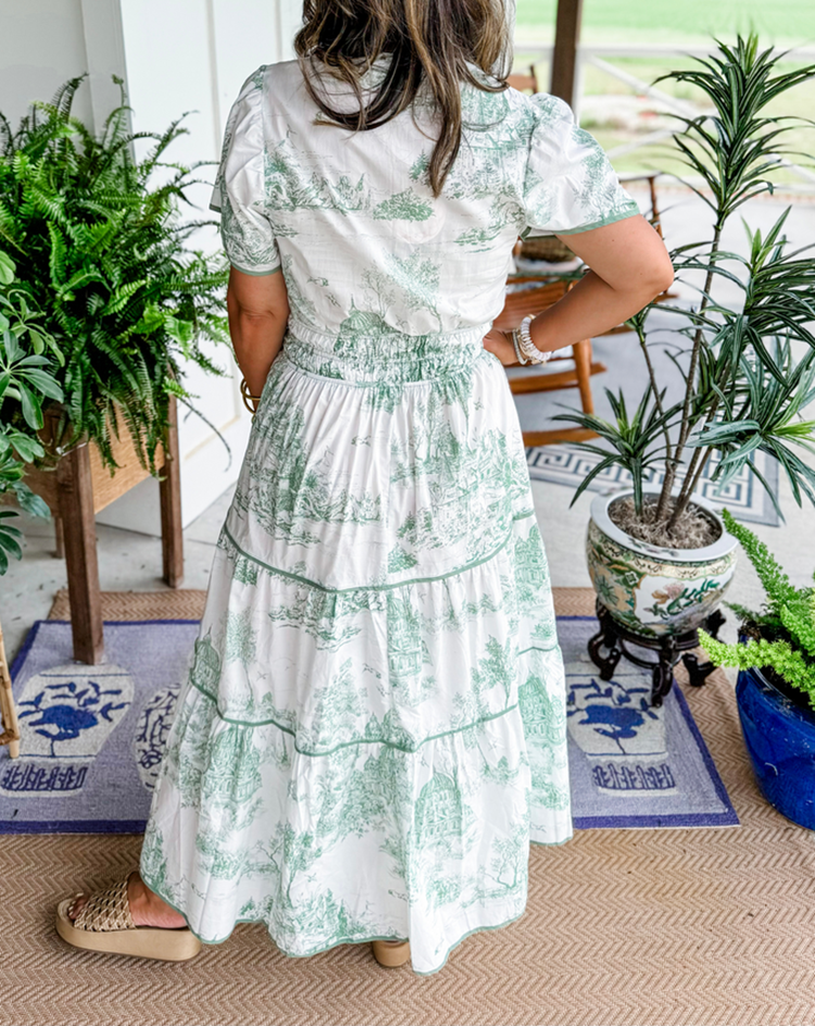 Full length shot of an elegant Women's Classic Toile Maxi Dress, a versatile, modest long dress for any occasion.