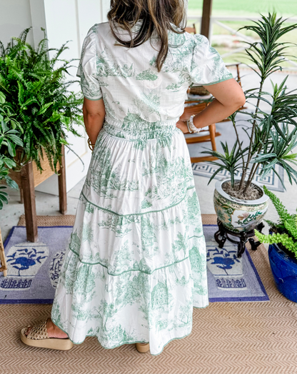 Full length shot of an elegant Women's Classic Toile Maxi Dress, a versatile, modest long dress for any occasion.