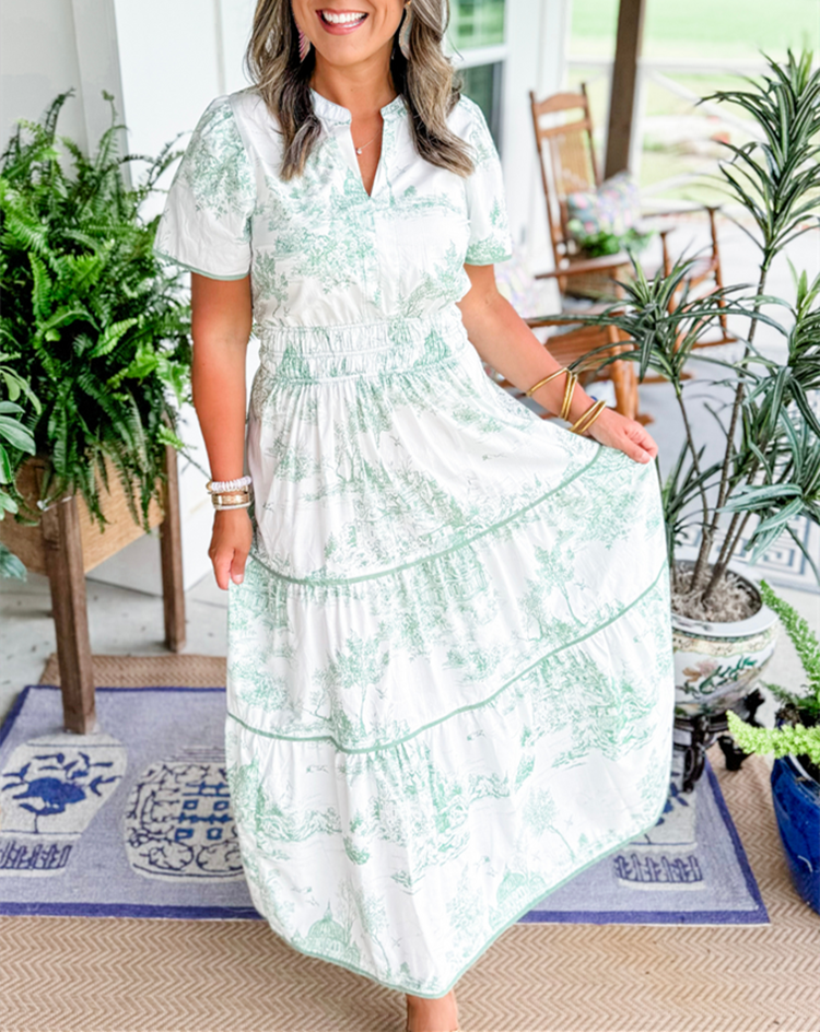 Elegant Women's Toile Maxi Dress worn outdoors, perfect for spring/summer events, offering comfort & chic style.