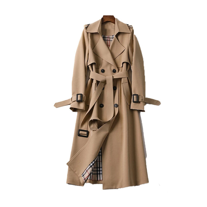 Women's classic trench coat, double-breasted, tailored fit, perfect for elegant all-season layering.