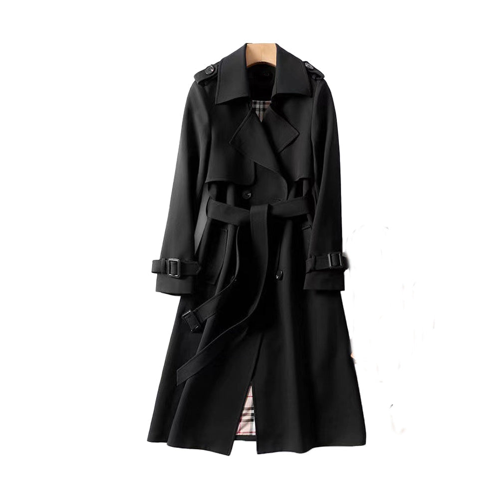 Stylish women's double-breasted trench coat with tailored fit, a classic layering piece for any season.