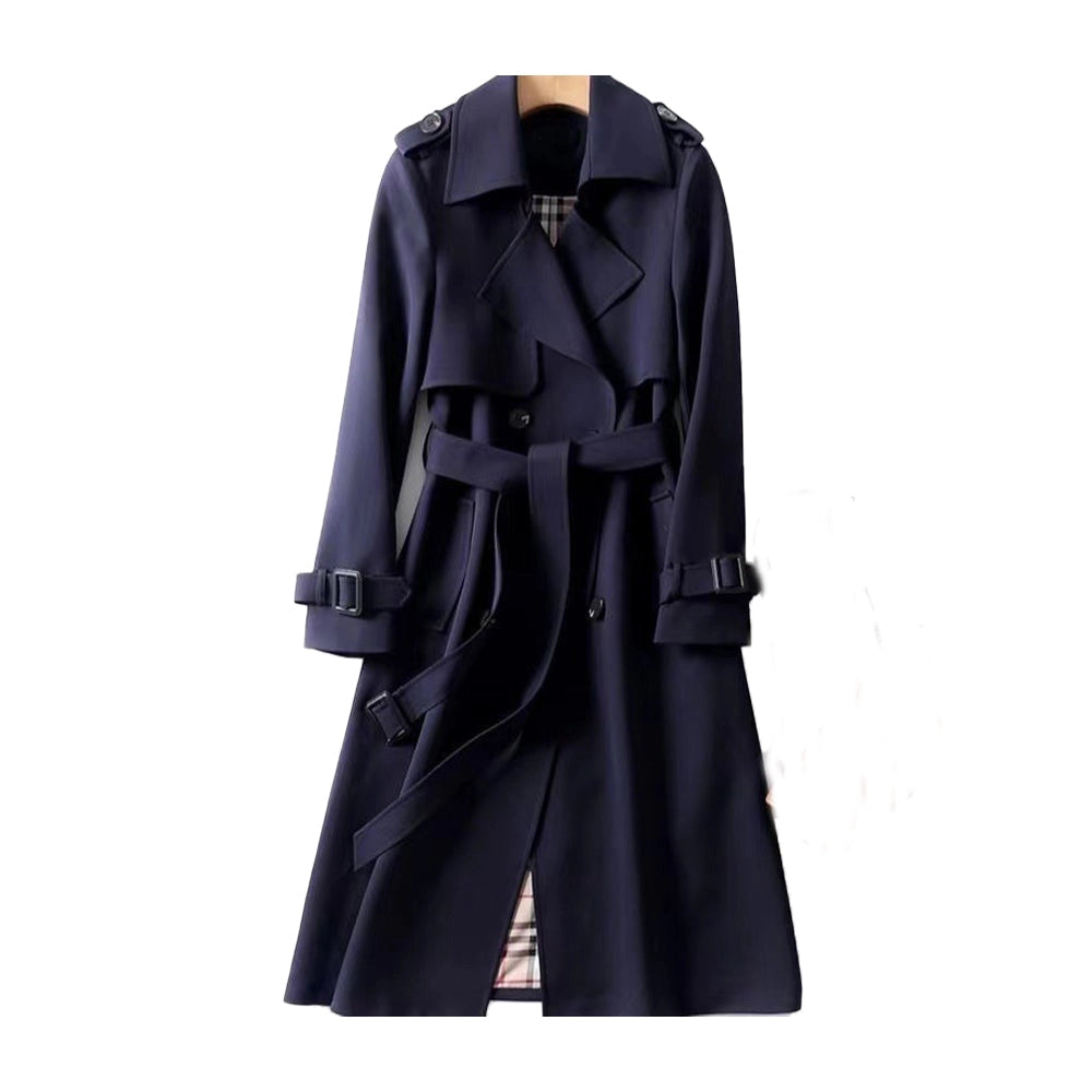 Elegant women's long trench coat, classic outerwear design for sophisticated all-season versatility.