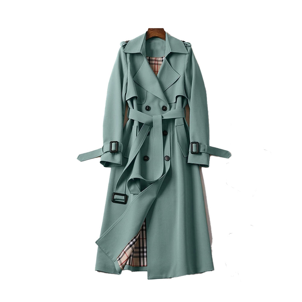 Sophisticated women's trench coat, tailored and long, offering elegant fashion & outerwear for women.