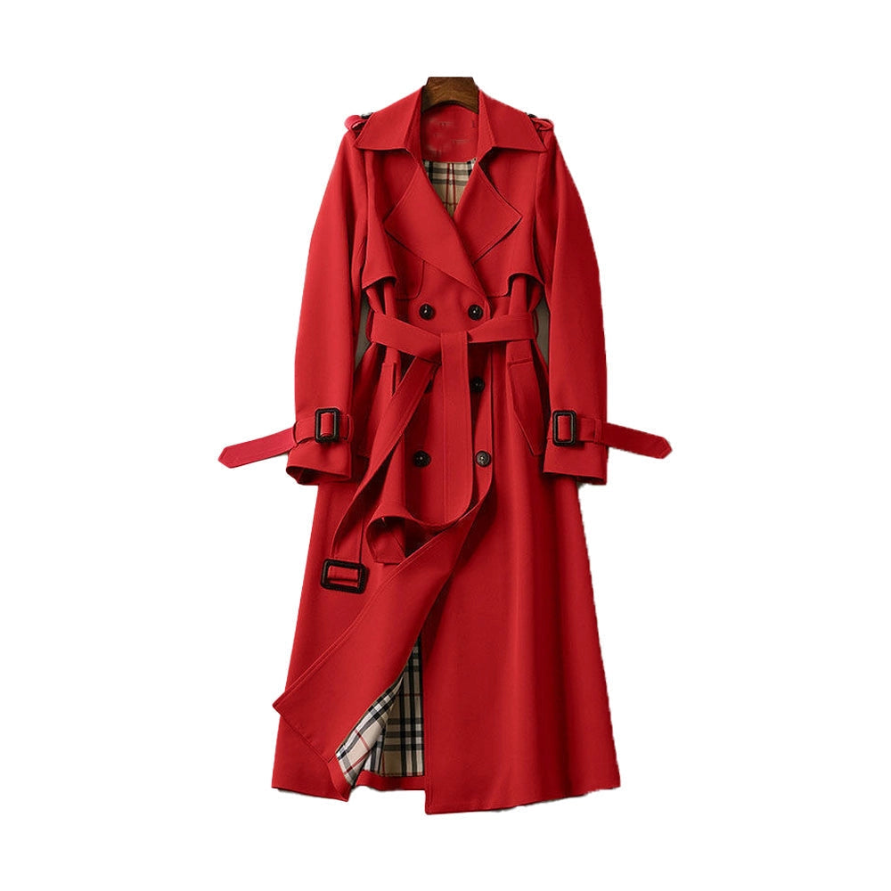 Classic women's trench coat, double-breasted with a tailored fit, essential stylish outerwear.