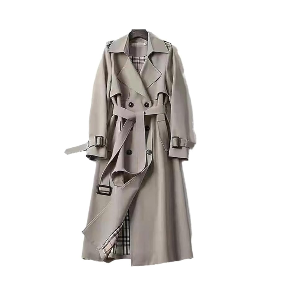 Chic women's long trench coat, perfect classic outerwear for a sophisticated and versatile look.