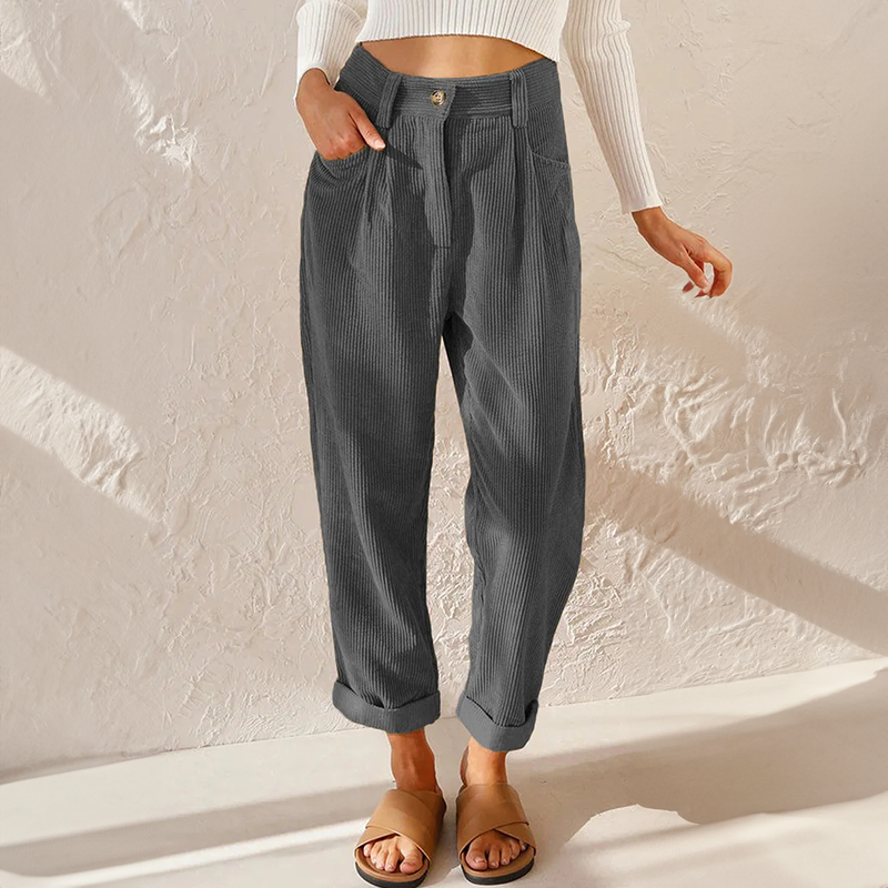 Comfortable women's relaxed fit trousers, vintage-inspired with elastic waist, ideal for casual everyday fashion.