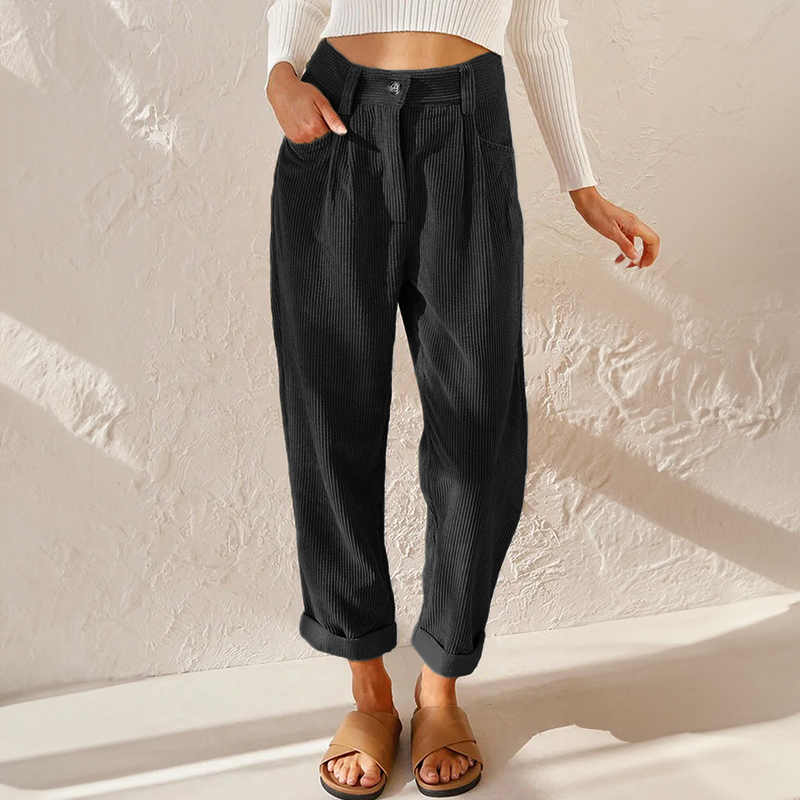 Women's classic vintage relaxed fit trousers, designed for everyday comfort & effortless casual fashion. Elastic waist.
