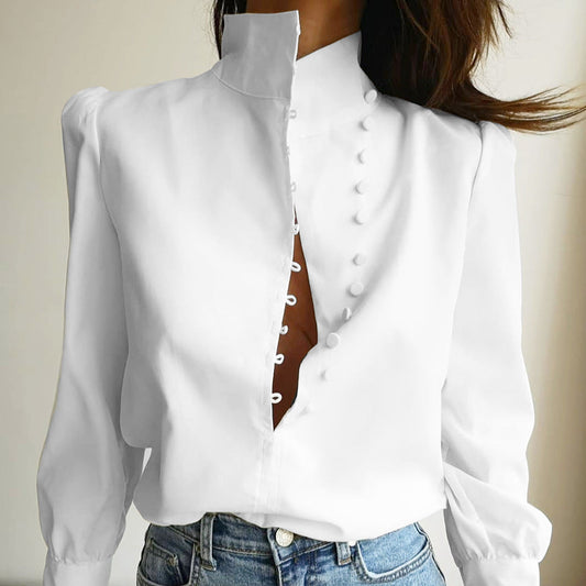 Women's classy button-front long sleeve blouse. Elegant and versatile workwear top for a sophisticated look.