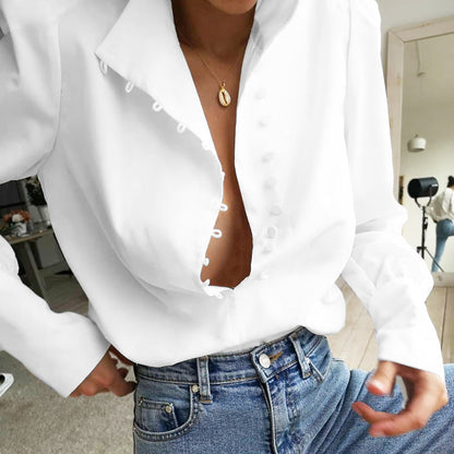 Stylish women's long sleeve blouse with button front, perfect for casual chic or professional workwear fashion.