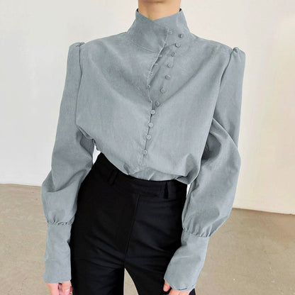 Elegant women's button-front long sleeve blouse, a sophisticated and stylish top for everyday fashion.