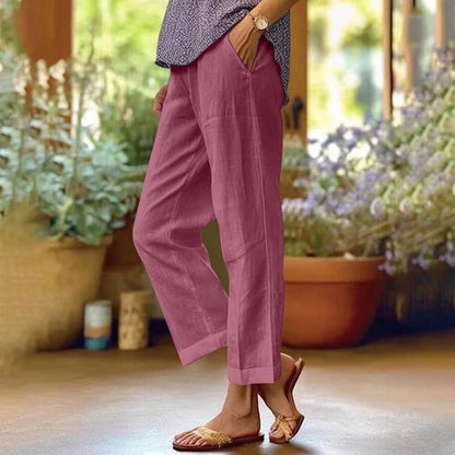 Women's straight leg coastal trousers with a relaxed, flowy fit. Features elastic waist & hidden side pockets.
