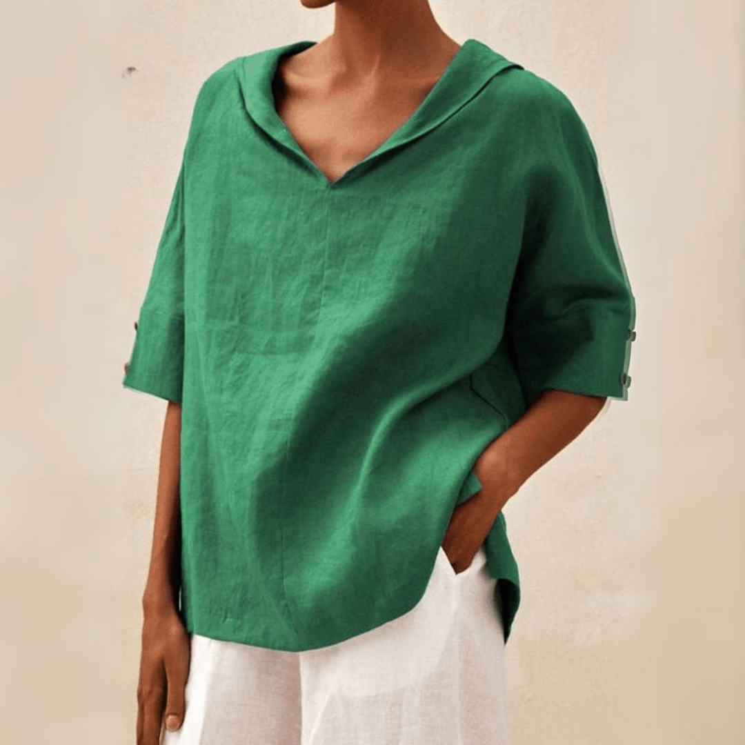 Women's collared V-neck tunic top, relaxed fit for effortless style & comfort. Versatile everyday wear.