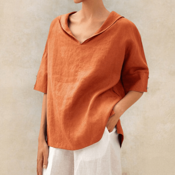 Stylish women's V-neck collared tunic top, a comfortable relaxed fit perfect for spring & summer casual fashion.