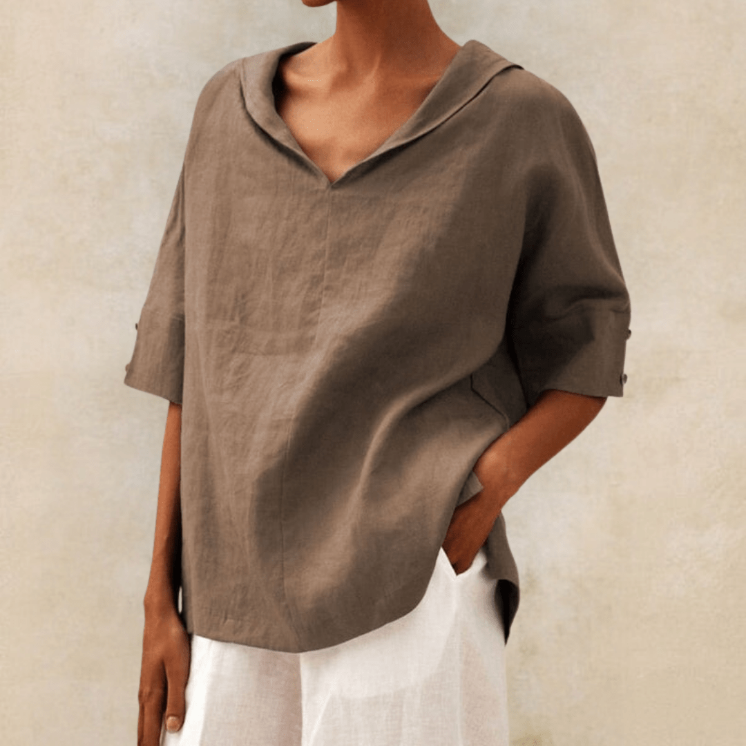 Comfortable women's collared V-neck tunic top. Relaxed fit, ideal for versatile everyday spring/autumn fashion.