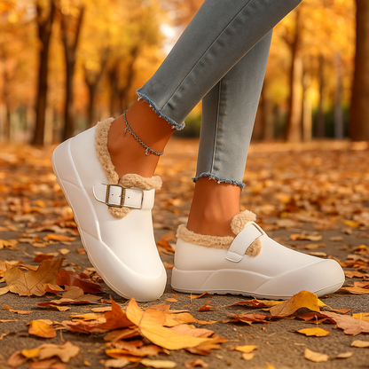 Cozy women's slip-on clogs with buckle detail, perfect warm footwear for winter and fall comfort.