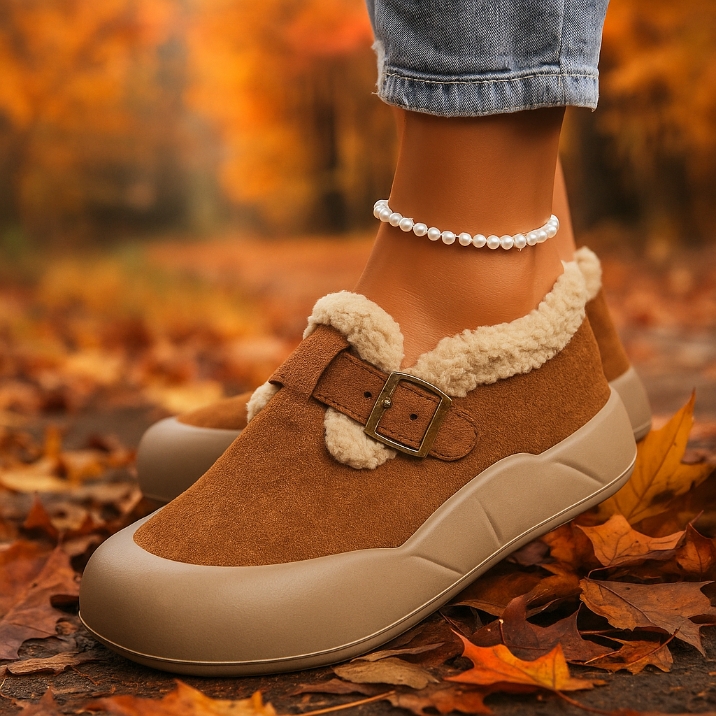 Warm women's buckle clogs, designed for ultimate cozy comfort and easy slip-on convenience.
