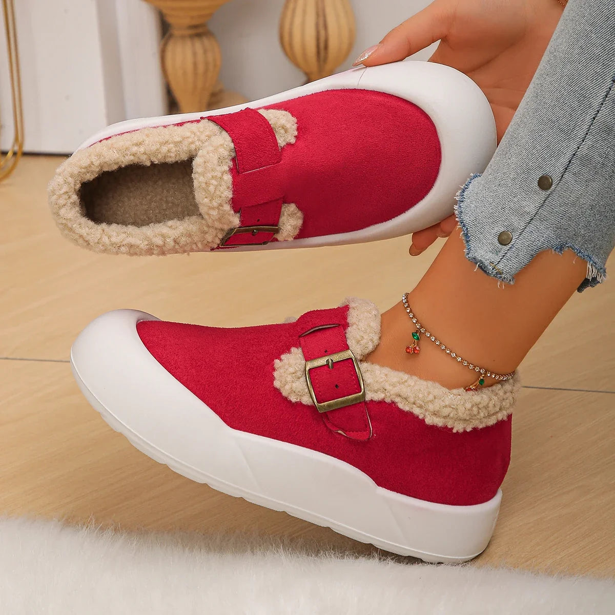 Comfortable women's buckle clogs, easy slip-on shoes for casual everyday activities & warmth.