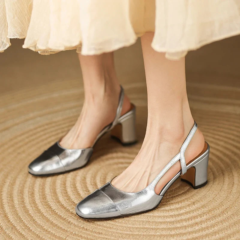 Dressy women's slingback block heel pumps, offering comfort and sophisticated style for occasions.