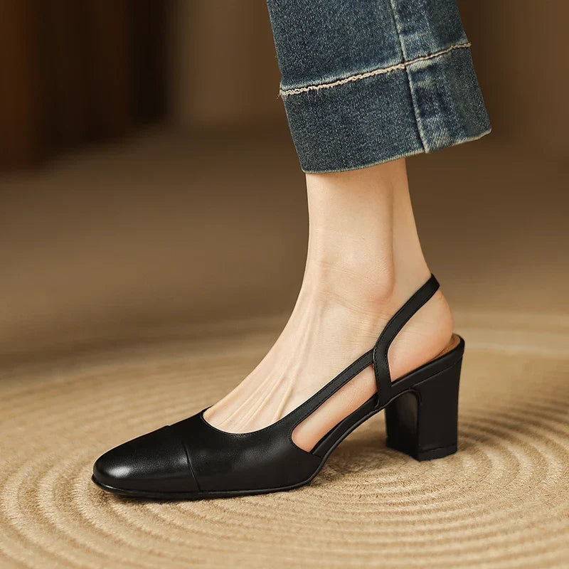 Formal women's dress shoes: comfortable block heel slingback pumps with a classic round toe.