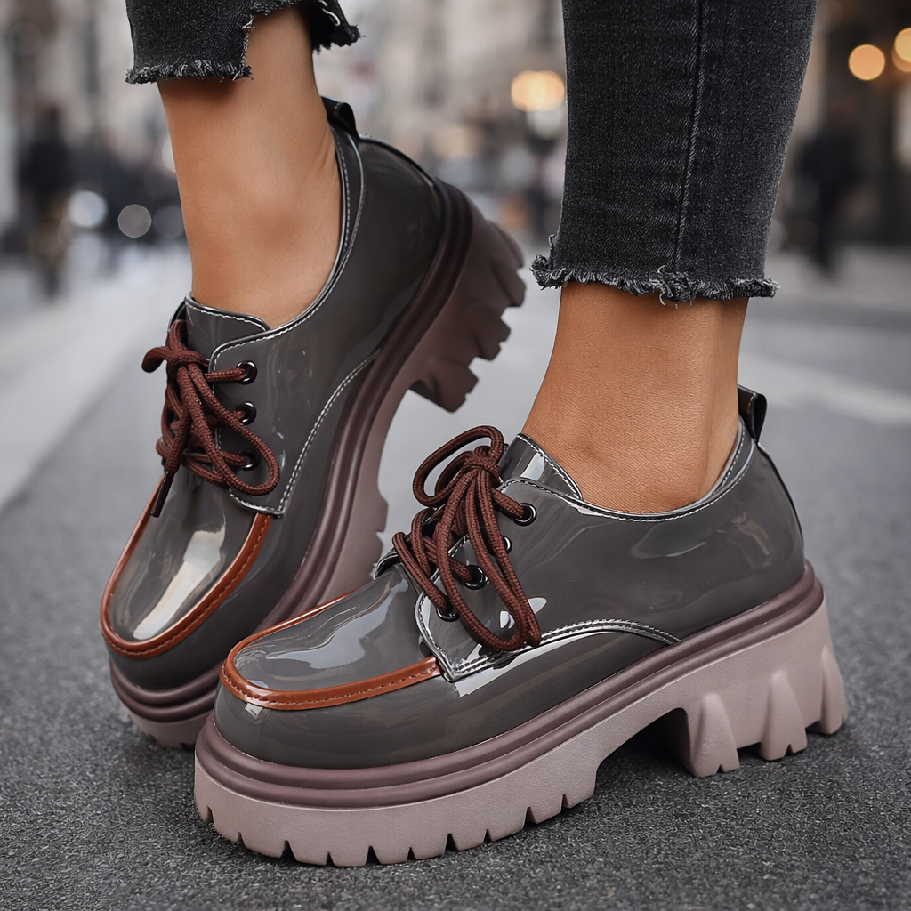 Women's comfortable black lug sole platform shoes for casual everyday wear.