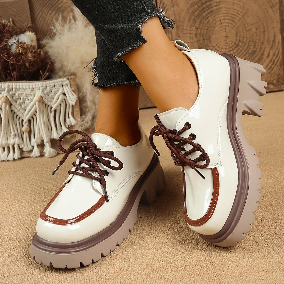 Stylish women's lug sole platform footwear, designed for fashion, comfort, and shock absorption.