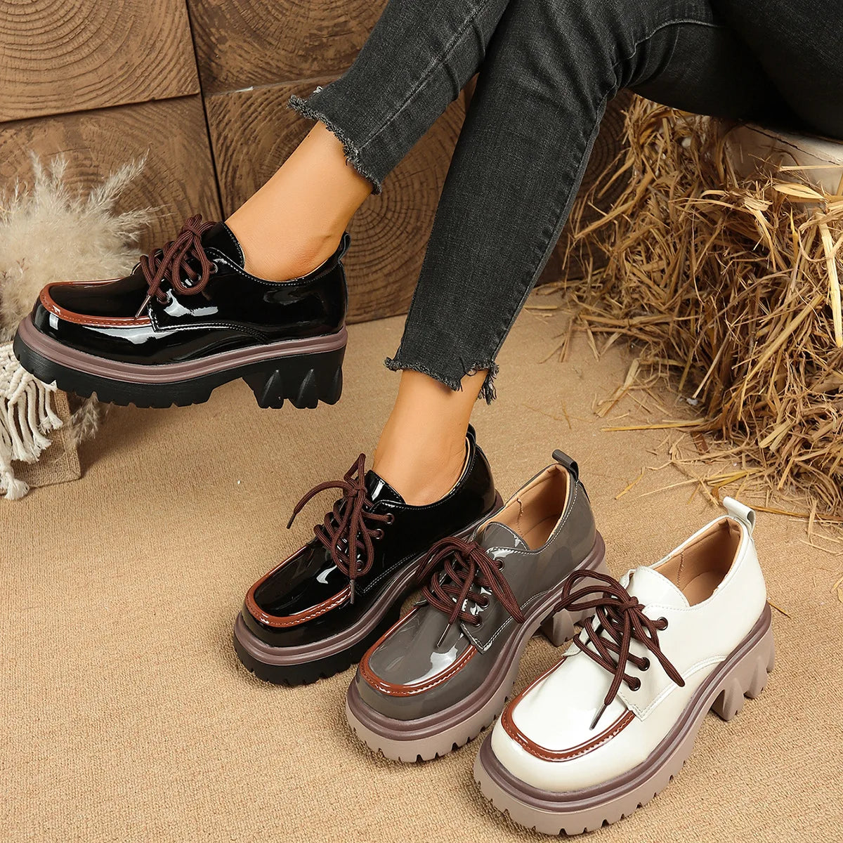 Orthopedic women's platform shoes with a lug sole, providing comfort and shock-absorbing support.
