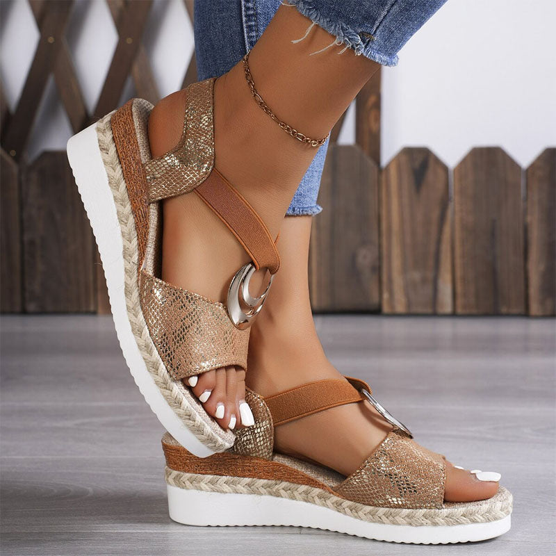 Effortless women's elastic strappy wedge sandals. Open toe, comfortable walking shoes for summer & casual style.