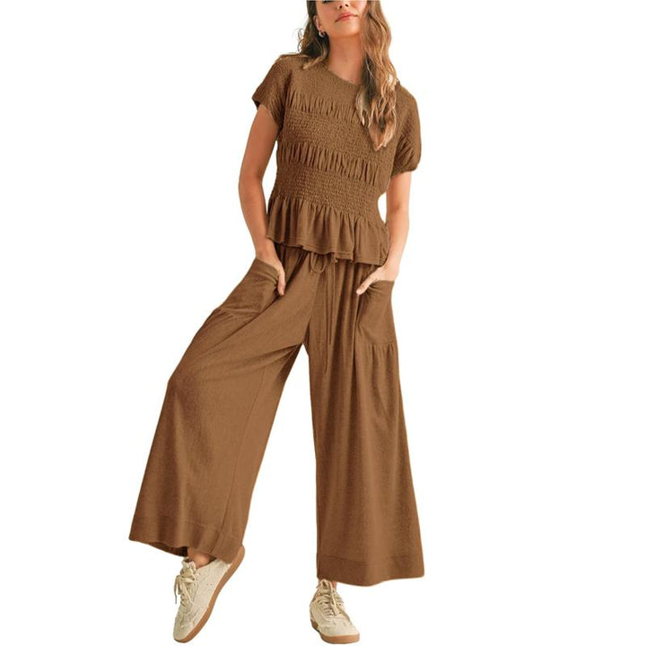 Full view of women's wide-leg pants from a comfortable cotton blend two-piece set, ideal for loungewear.