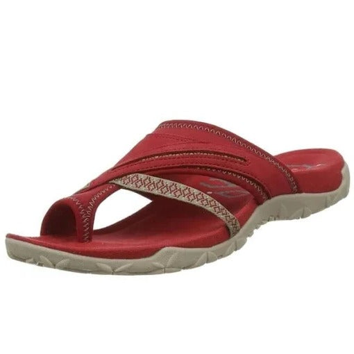 Casual women's cross strap comfort sandals with orthotic arch support & slight wedge for everyday stylish wear.