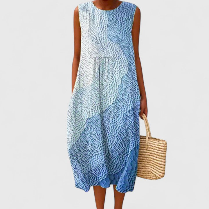 Elegant women's knee-length flowy dress, ideal for casual summer outings or versatile everyday fashion.