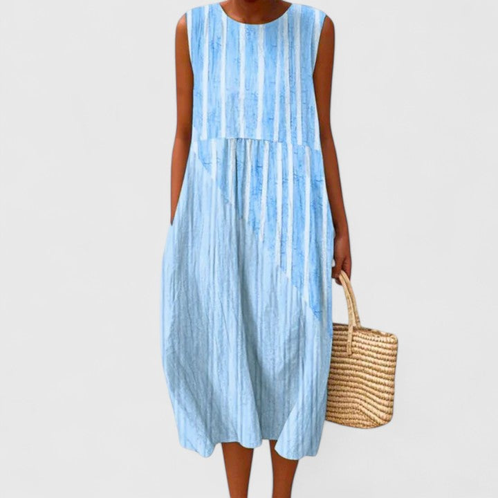 Stylish women's knee-length flowy dress, a versatile piece for comfortable, casual, and elegant looks.