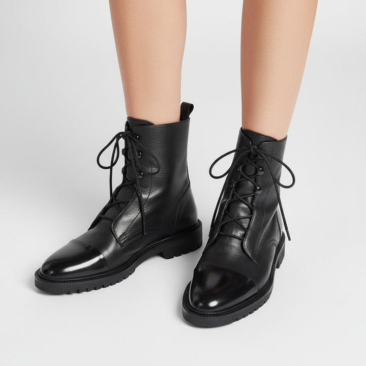 Black women's high laced boots with non-slip sole, ideal for autumn and winter fashion.