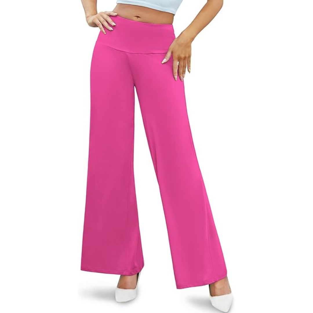 Back view of women's comfortable high waist wide leg palazzo trousers, flattering fit.