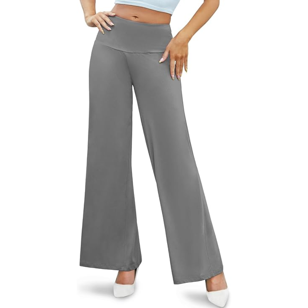 Side view of women's comfortable high waist wide leg palazzo trousers, elegant wide leg.